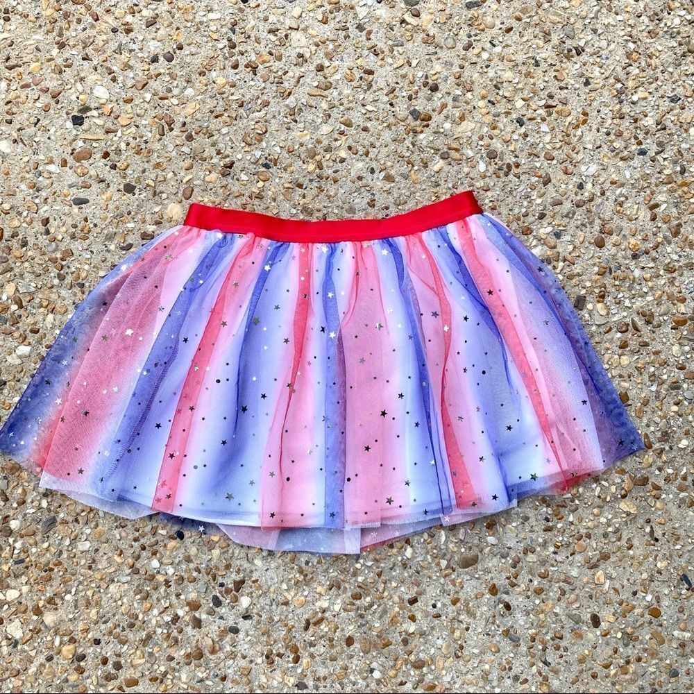 Girls Patriotic July 4th Red White Blue Silver Star Tutu Tulle Skirt L 10 12